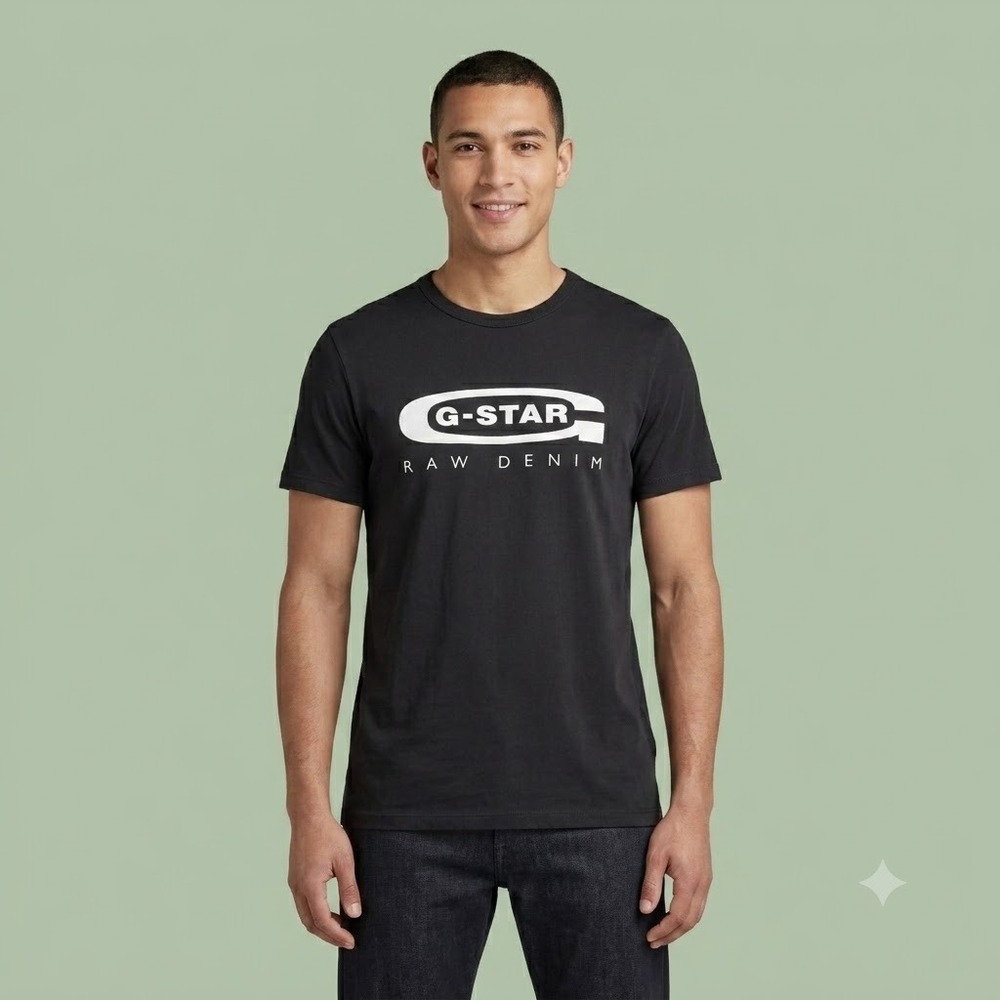 G-Star Raw Denim Shirt Mens Small Black White Logo Graphic Crew Neck‎ Tee